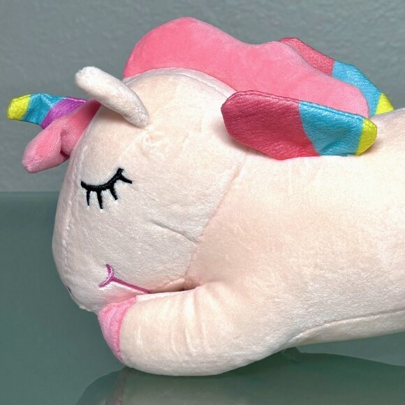 Squishy Pink Rainbow Horn Winged Unicorn Embroidered Face Baby Kid's Plush Toy - Picture 5 of 9
